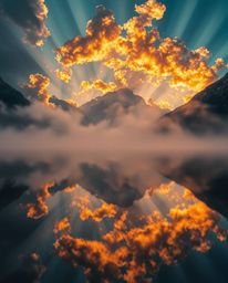 An extreme macro close-up photograph captures the reflections of fiery clouds in a mountain lake, distinguished by its use of