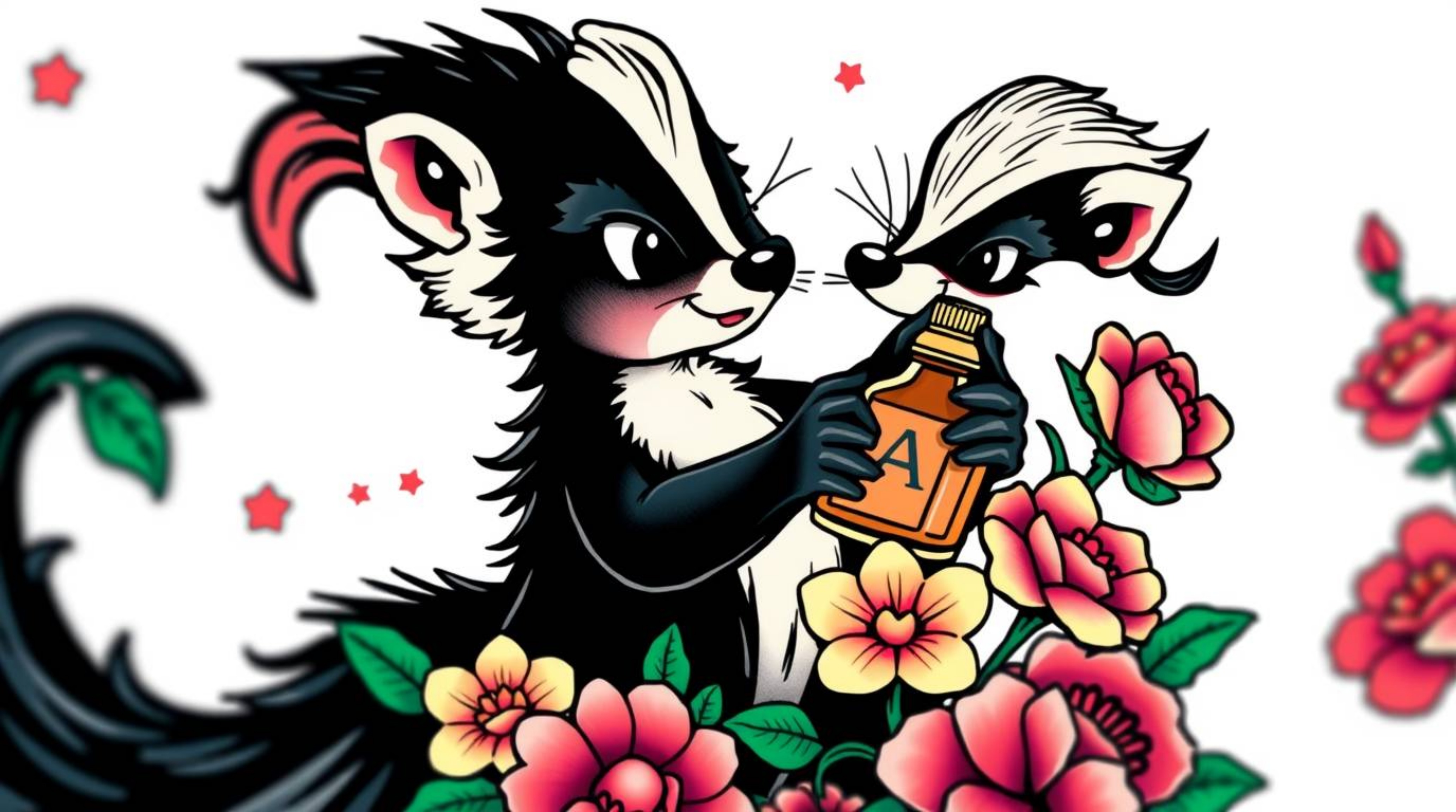 This dynamic symbolic traditional tattoo art print features a charming cartoon skunk playfully spraying perfume on vibrant fl