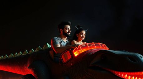 A captivating image depicts a prehistoric family enjoying a thrilling ride in a dinosaur-shaped car.  Intense, dramatic light