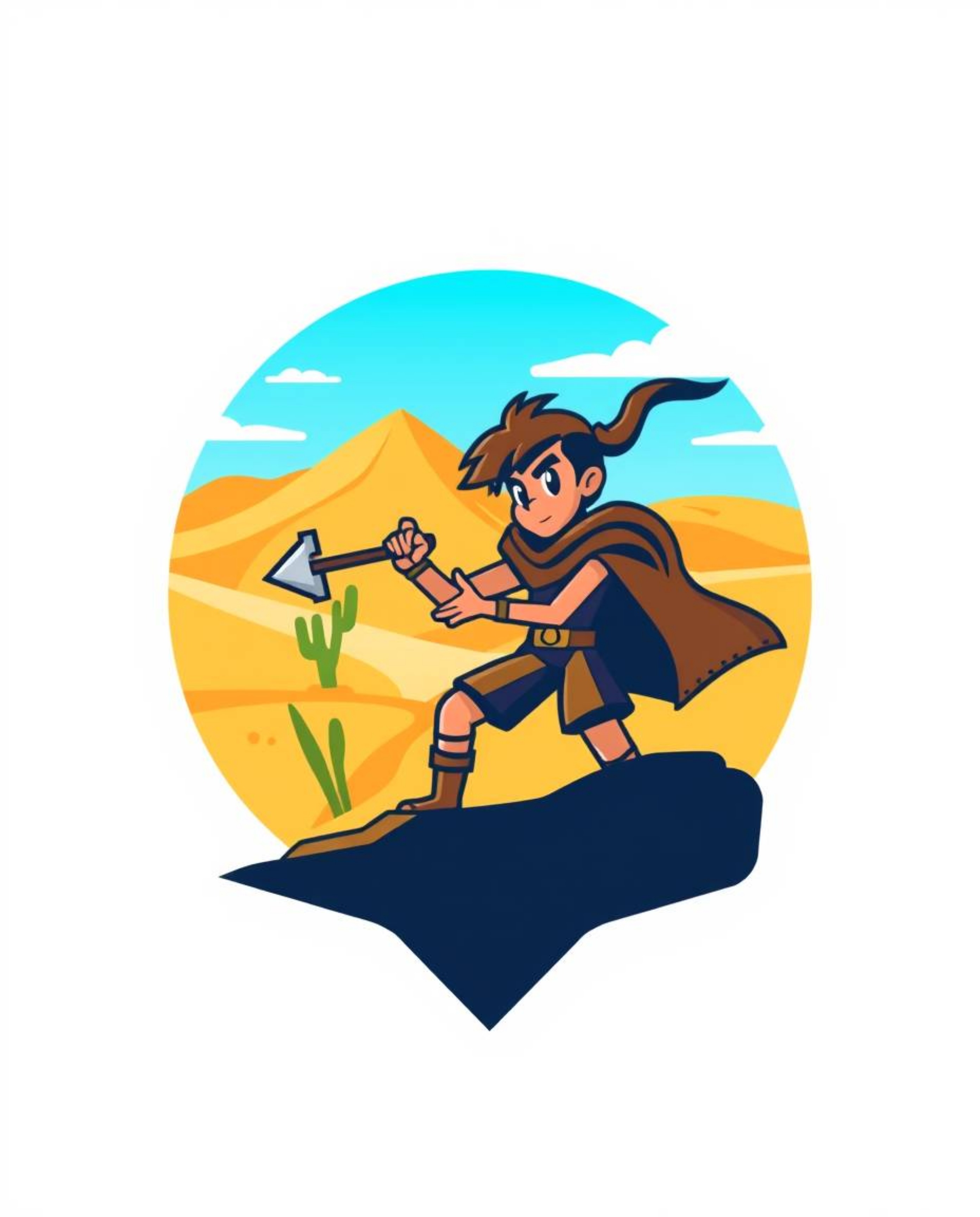 A captivating logo design showcasing a brave hero embarking on a Disney-style desert adventure.  The design incorporates comp
