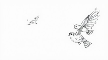 A whimsical, hand-drawn sketch depicts a blind owl with textured pencil strokes and detailed feathers, guiding birds in fligh
