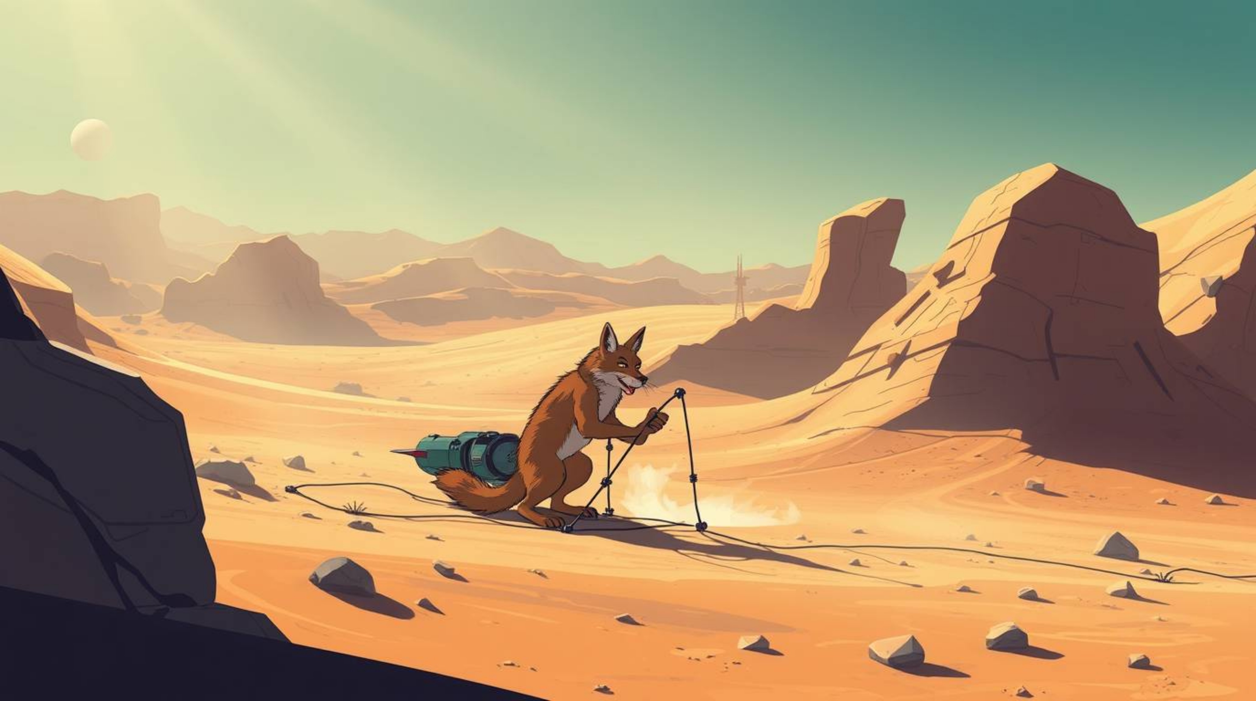 This artwork features a futuristic sci-fi illustration of a coyote setting a ridiculous trap in a desert environment under st