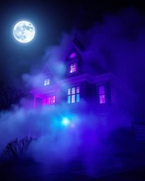 This creative light art depicts a fog-covered Victorian mansion bathed in moonlight, rendered in deep ultraviolet hues and fe