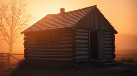 A captivating photograph depicts an old wooden cabin bathed in the warm glow of sunset.  Styled with a soft cinematic haze an