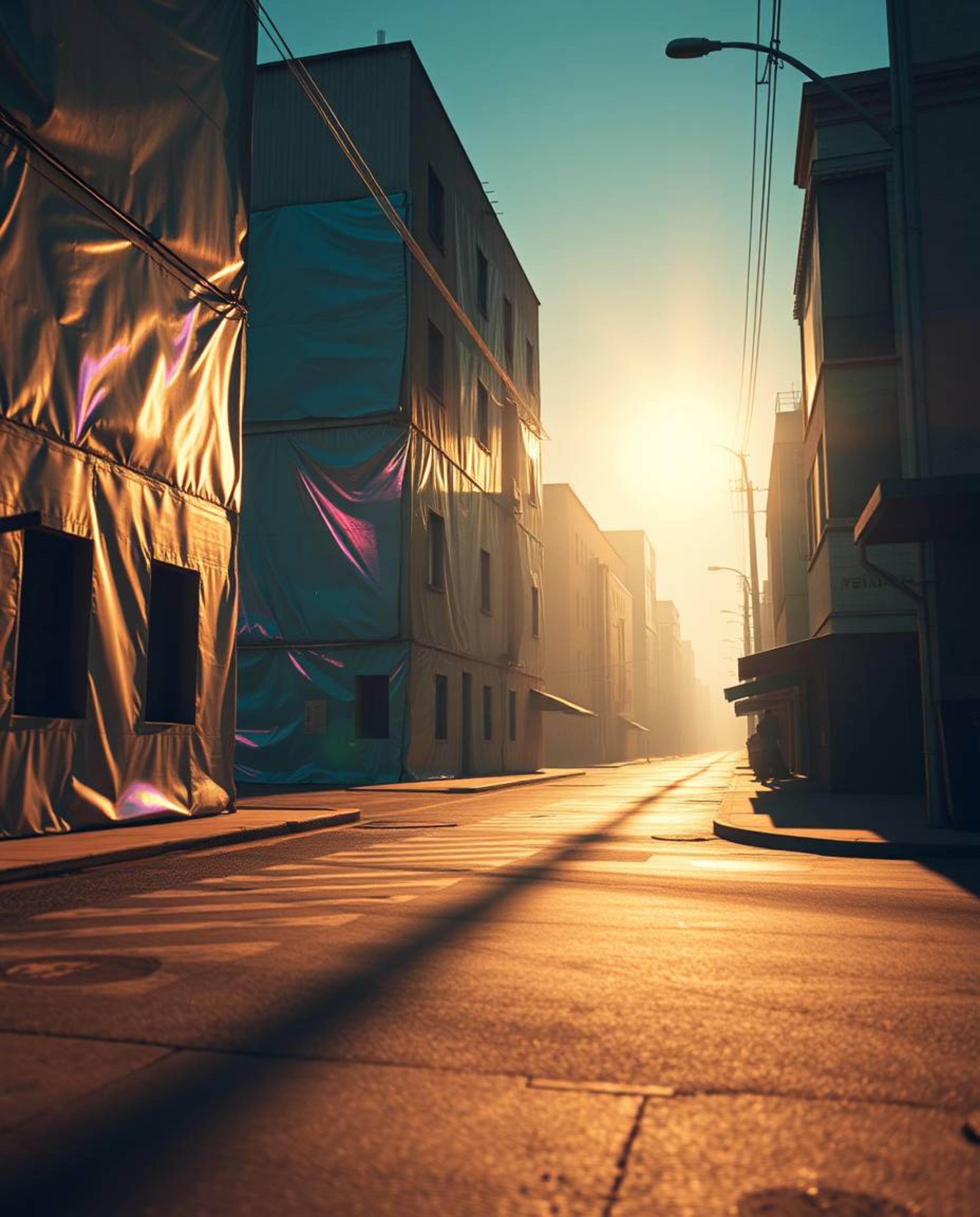 A captivating surreal street scene unfolds, showcasing iridescent colors reflecting off hard light.  Folding and twisting bui