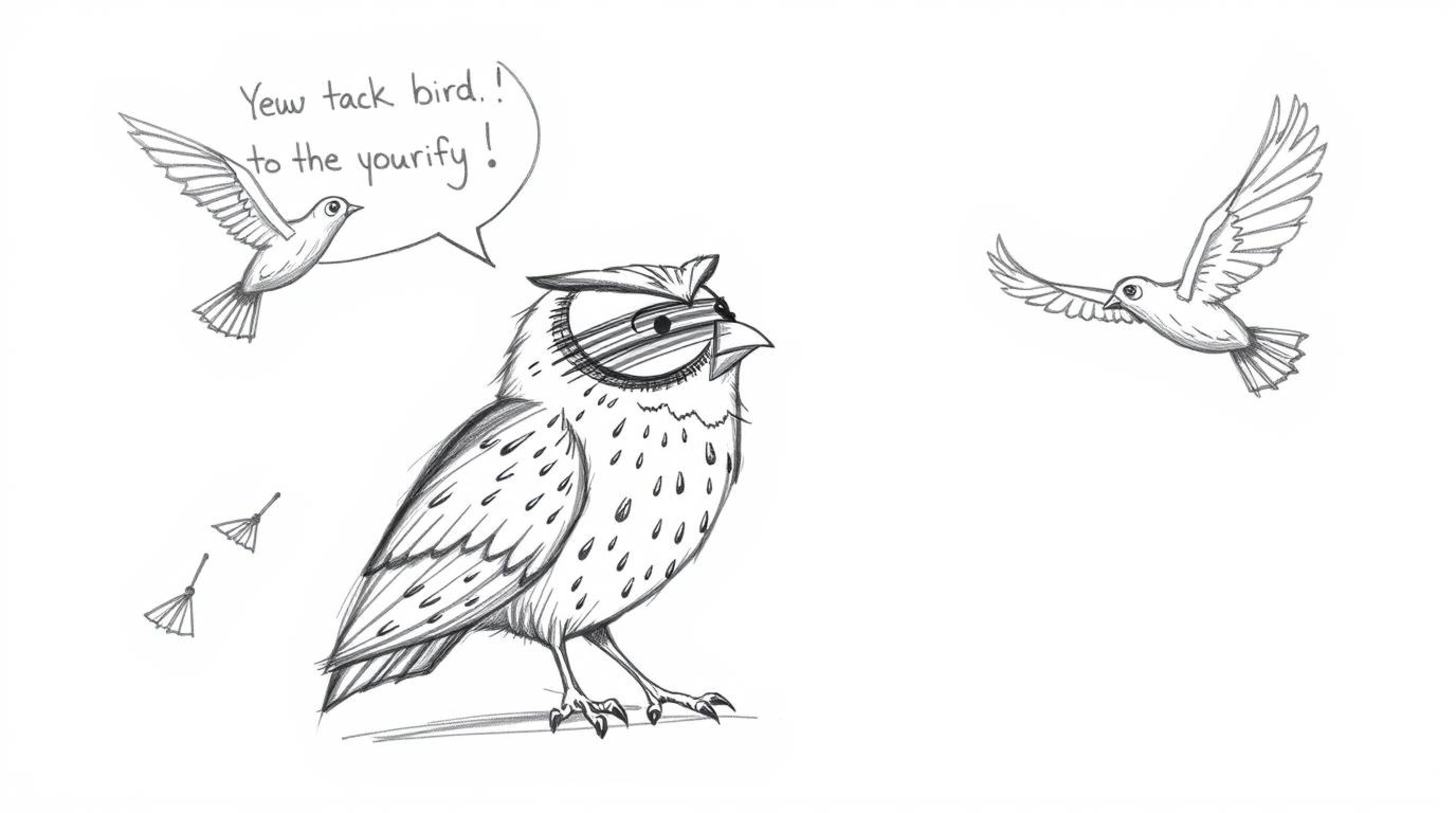 A hand-drawn sketch in the style of Pixar depicts a blind owl, rendered with textured pencil strokes and rough lines, passion