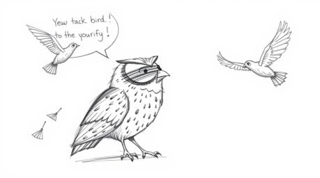 A hand-drawn sketch in the style of Pixar depicts a blind owl, rendered with textured pencil strokes and rough lines, passion