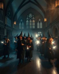 Capture the enchanting essence of a magical school brimming with young wizards through a long exposure photograph. This image