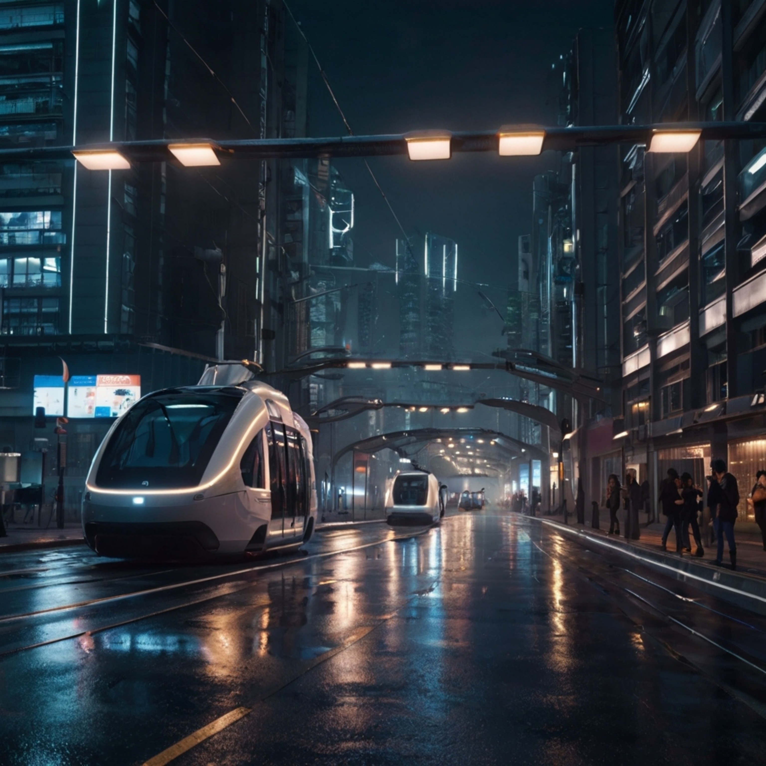 Imagine a futuristic urban street bustling with innovation. Smart streetlights illuminate the path for autonomous delivery dr
