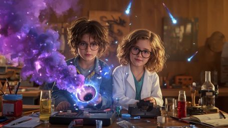In a vibrant, cinematic photograph rendered in a hyper-realistic, Pixar-inspired style, a dynamic science fair duo unwittingl