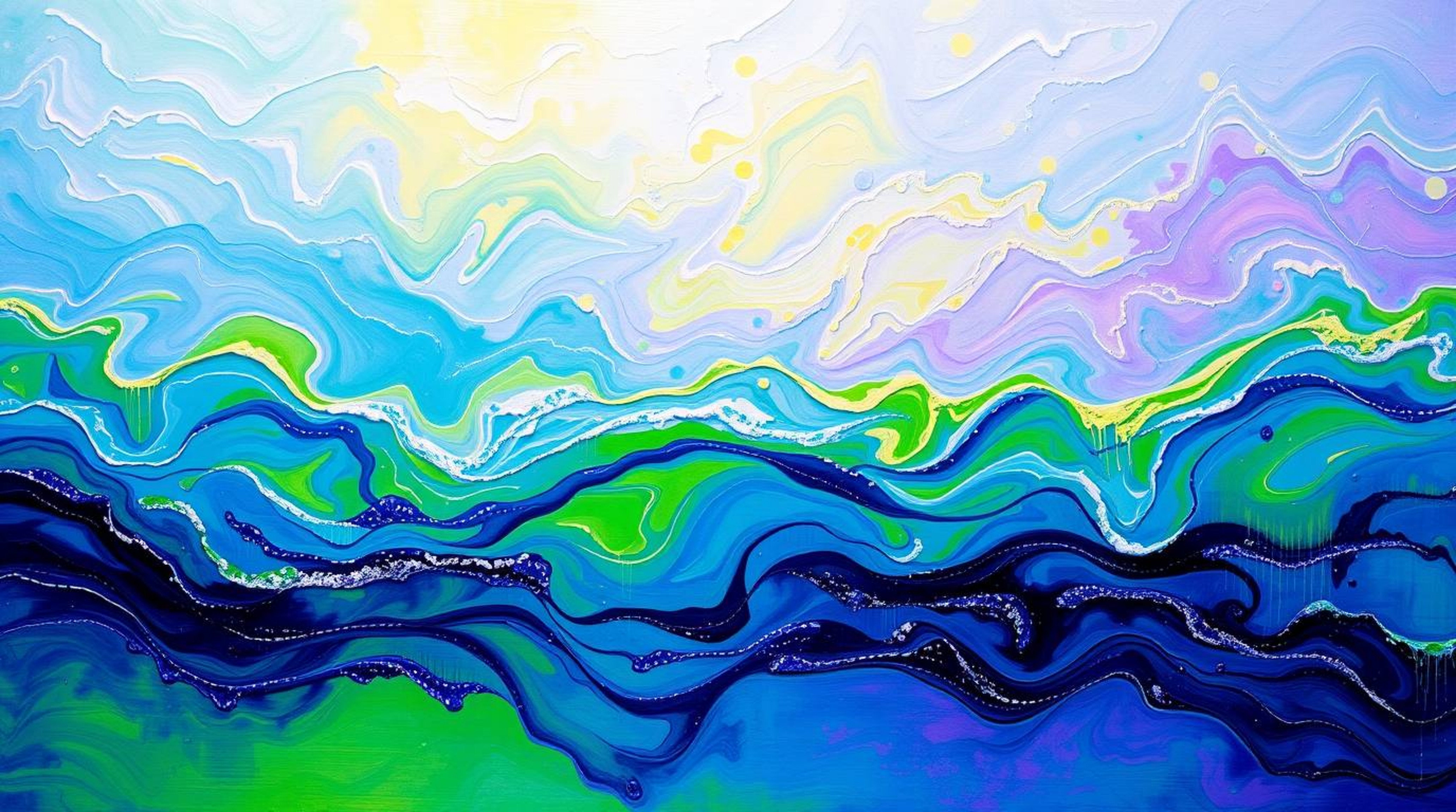 A captivating abstract acrylic painting showcases cool-toned neon gradient textures flowing across a liquid surface.  The art