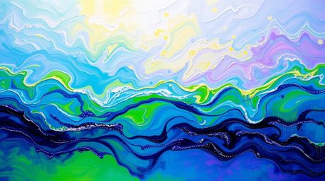 A captivating abstract acrylic painting showcases cool-toned neon gradient textures flowing across a liquid surface.  The art