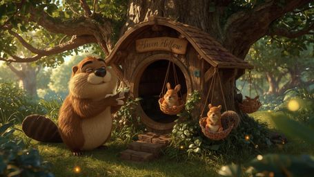 A high-resolution, commercially licensable stock photo depicts a Pixar-inspired beaver building an intricately designed, whim