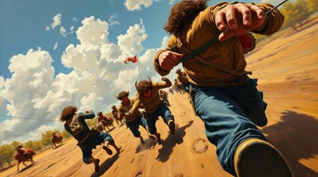 A classic oil painting depicting a dynamic chase scene viewed from a high-angle perspective, employing exaggerated squash and