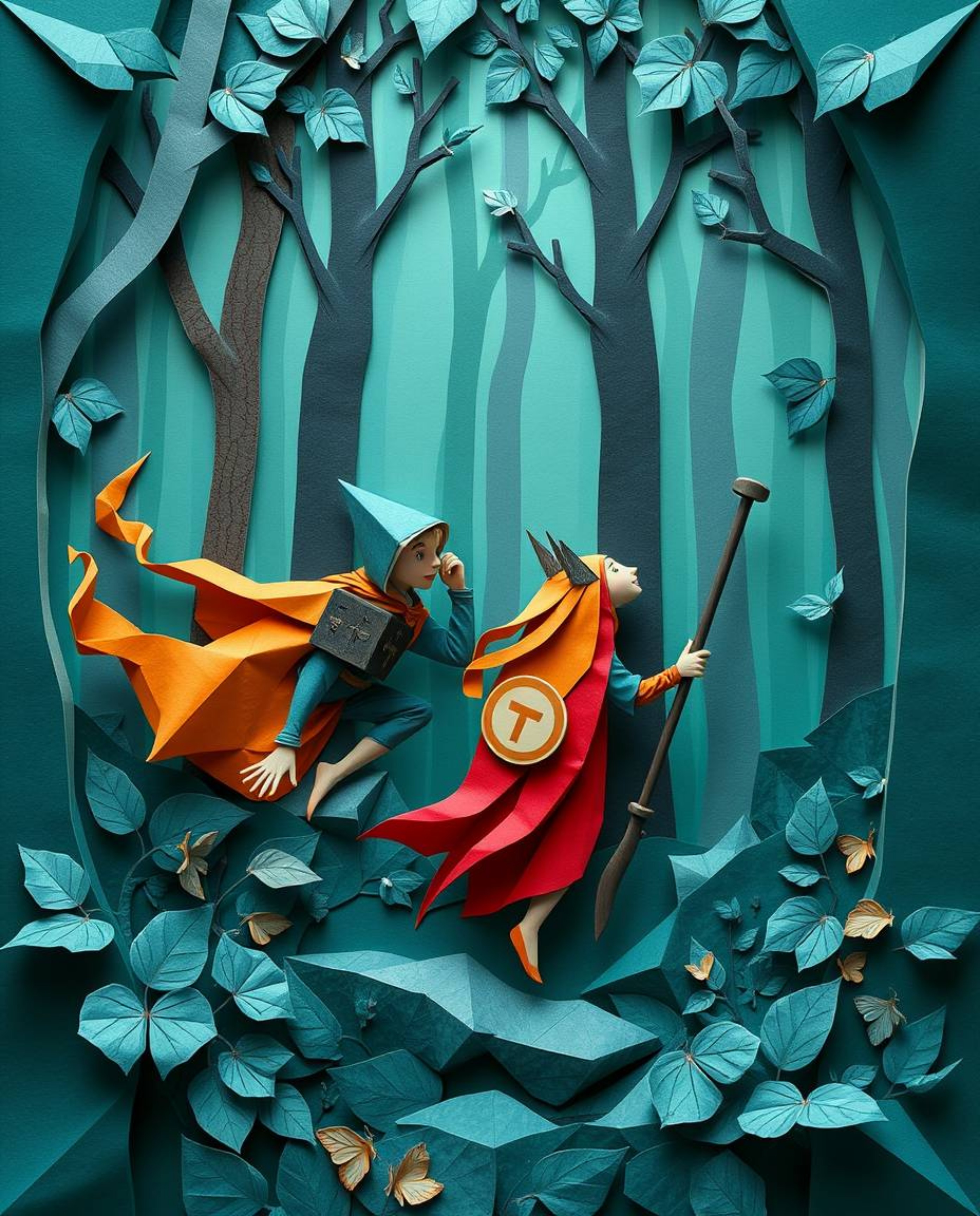 Discover a captivating illustration of friends with extraordinary abilities embarking on a mystical forest adventure.  Render
