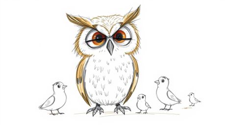 A whimsical hand-drawn sketch in the style of Pixar depicts a blind owl with large, expressive eyes and soft brown feathers. 
