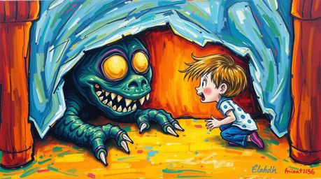 A captivating acrylic painting depicts an unlikely friendship between a child and a monster lurking under the bed.  Bold, ele