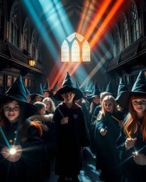 Discover a captivating illustration of a magical school brimming with young wizards.  The artwork is rendered in a striking c