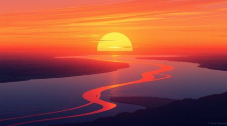 An elegant and graceful illustration depicts a river delta bathed in the warm glow of twilight.  Reds, oranges, and yellows p