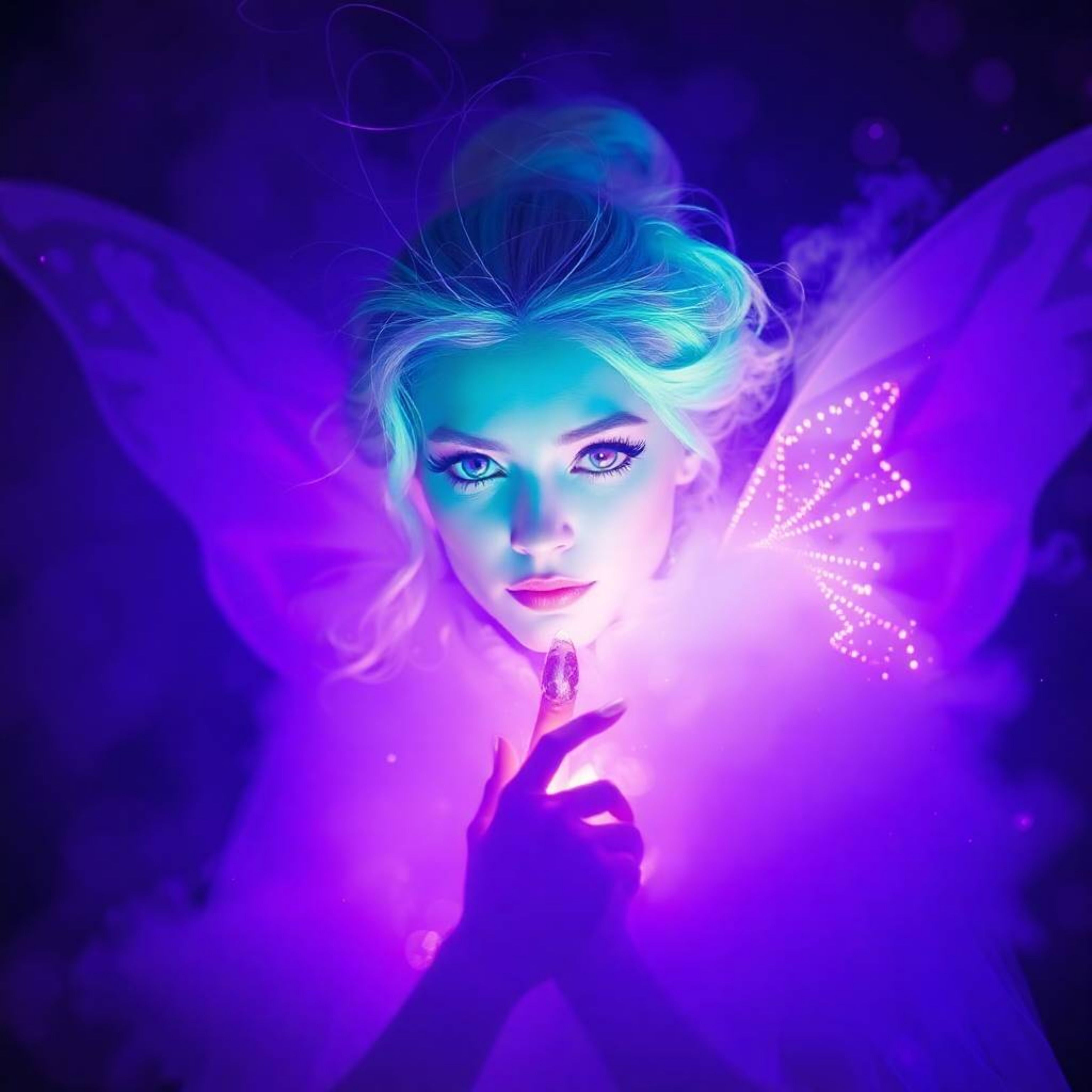 A captivating image of a fairy godmother emerging from a swirl of vibrant purple sparkles. The scene is dramatically lit wit