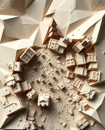 Explore a visually stunning and complex scene reminiscent of intricate origami, showcasing a battlefield of time-warped soldi
