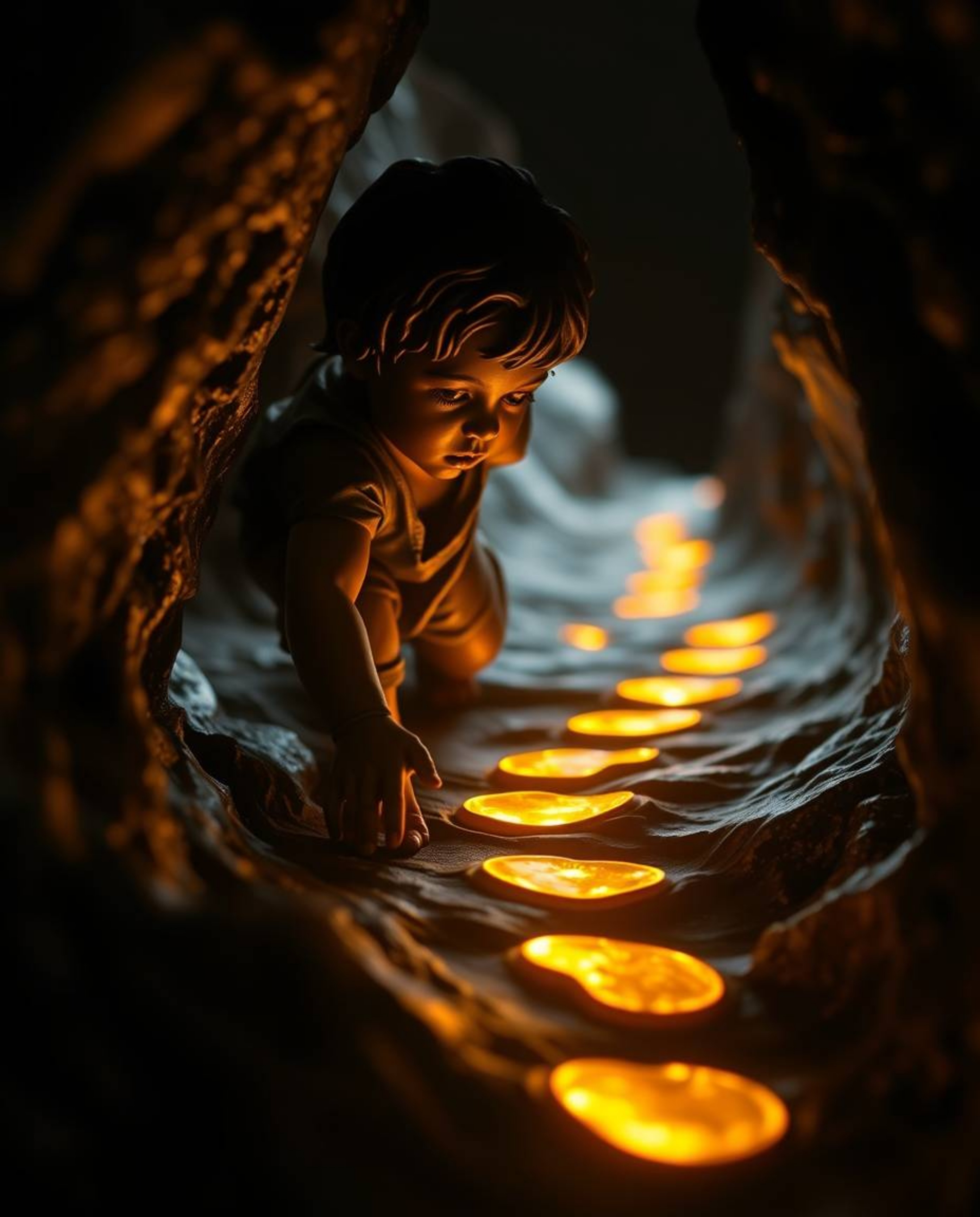 A dramatic cast bronze sculpture depicts a child with a determined expression following glowing gold footsteps into a dark ca