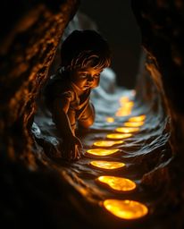 A dramatic cast bronze sculpture depicts a child with a determined expression following glowing gold footsteps into a dark ca