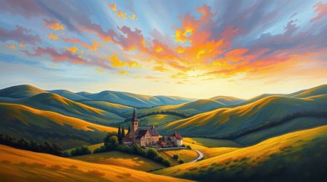 This classic oil painting showcases a charming village nestled in a picturesque valley, bathed in the warm glow of a vibrant,