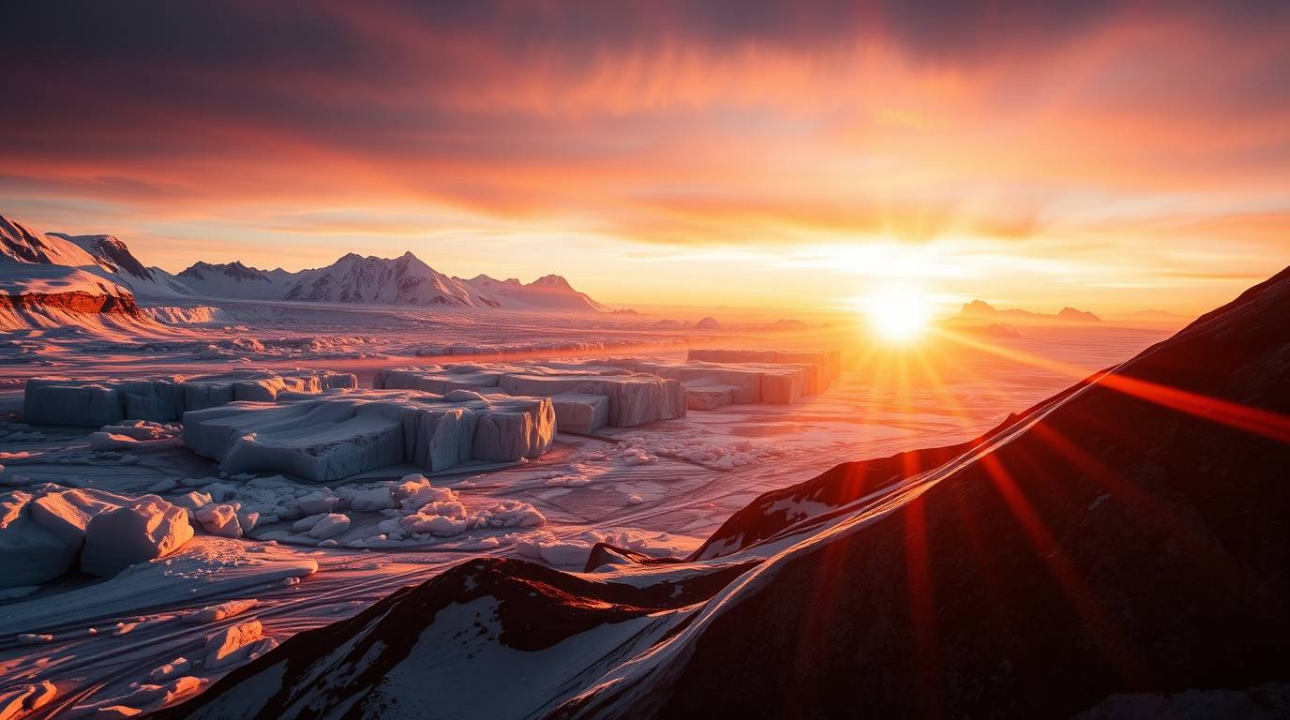 Experience an epic scale sunset captured over icy glaciers in the polar region, showcasing a modern futuristic aesthetic with