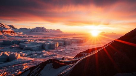 Experience an epic scale sunset captured over icy glaciers in the polar region, showcasing a modern futuristic aesthetic with