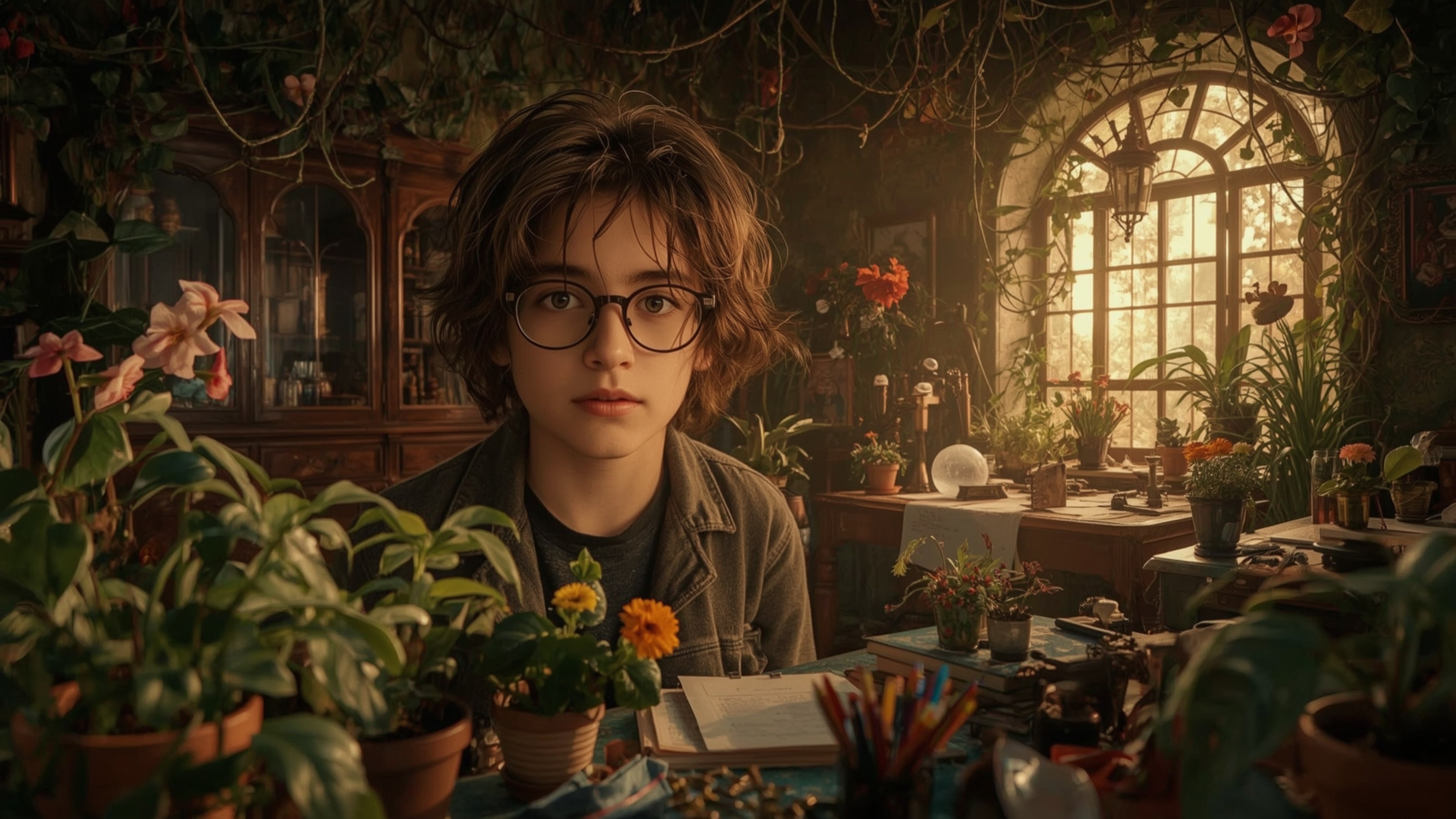 a dramatic, warm-lit photograph of a messy-haired, bespectacled prodigy, perhaps 12 years old, with a kind face and gentle ey