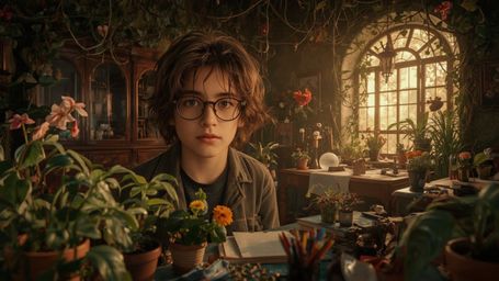 a dramatic, warm-lit photograph of a messy-haired, bespectacled prodigy, perhaps 12 years old, with a kind face and gentle ey
