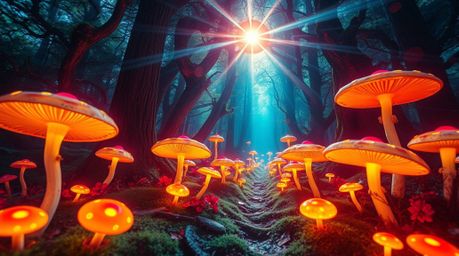 Explore a dreamlike, surreal, vintage-style enchanted forest teeming with glowing mushrooms, vibrant colors, and fantastical 