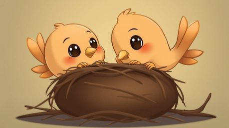 Two adorable cartoon birds meticulously construct their nest in a charming classic animation style. Rendered in natural eart