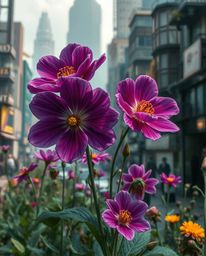 Explore a surreal vision of a post-apocalyptic city where rich, deep teal flowers bloom amidst the ruins, showcasing a vibran