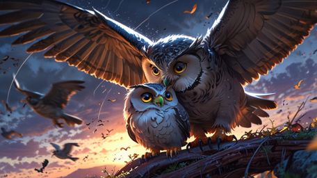 A deeply touching and poignant scene, beautifully rendered in a blend of Pixar and anime styles. A wise blind owl, the patien