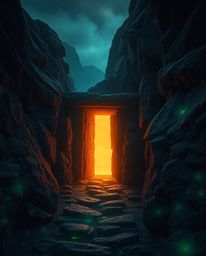 An ancient doorway glowing with runes is carved into the side of a mountain, depicted in a strong, moody style. The scene fea