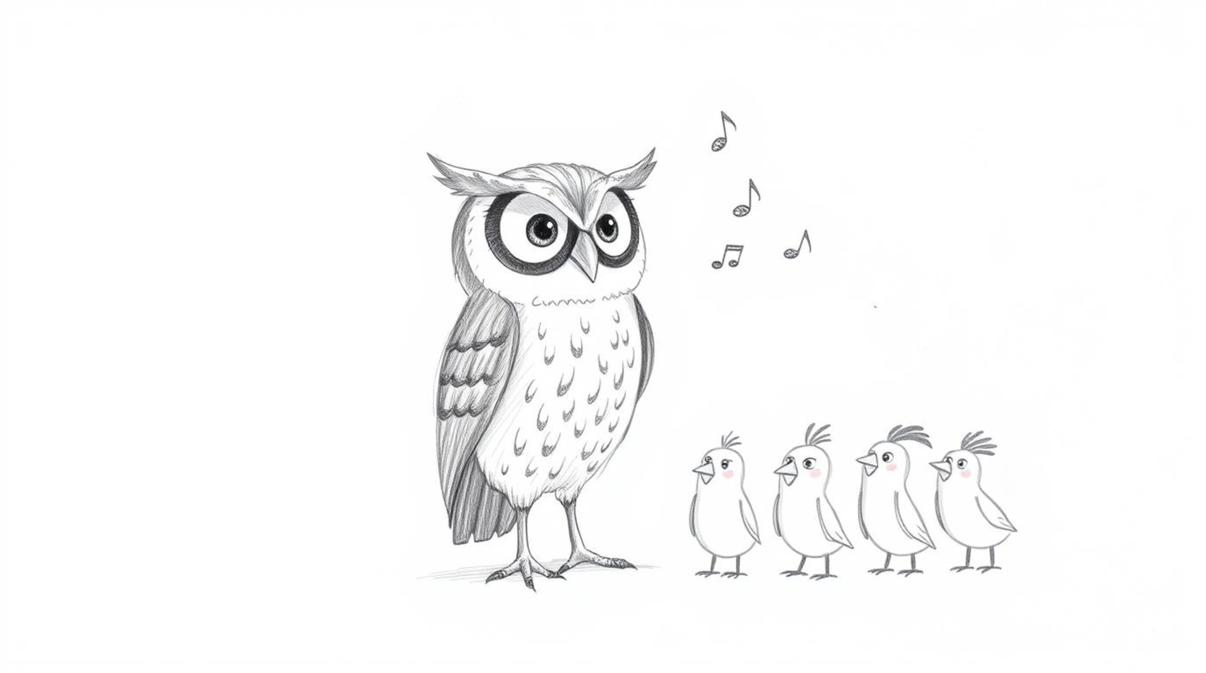 A Pixar-inspired, hand-drawn sketch depicts a blind owl with expressive eyes, imparting wisdom through musical chirps to a fl