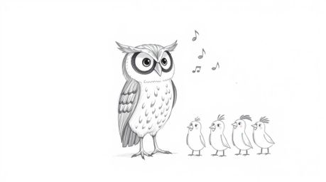 A Pixar-inspired, hand-drawn sketch depicts a blind owl with expressive eyes, imparting wisdom through musical chirps to a fl