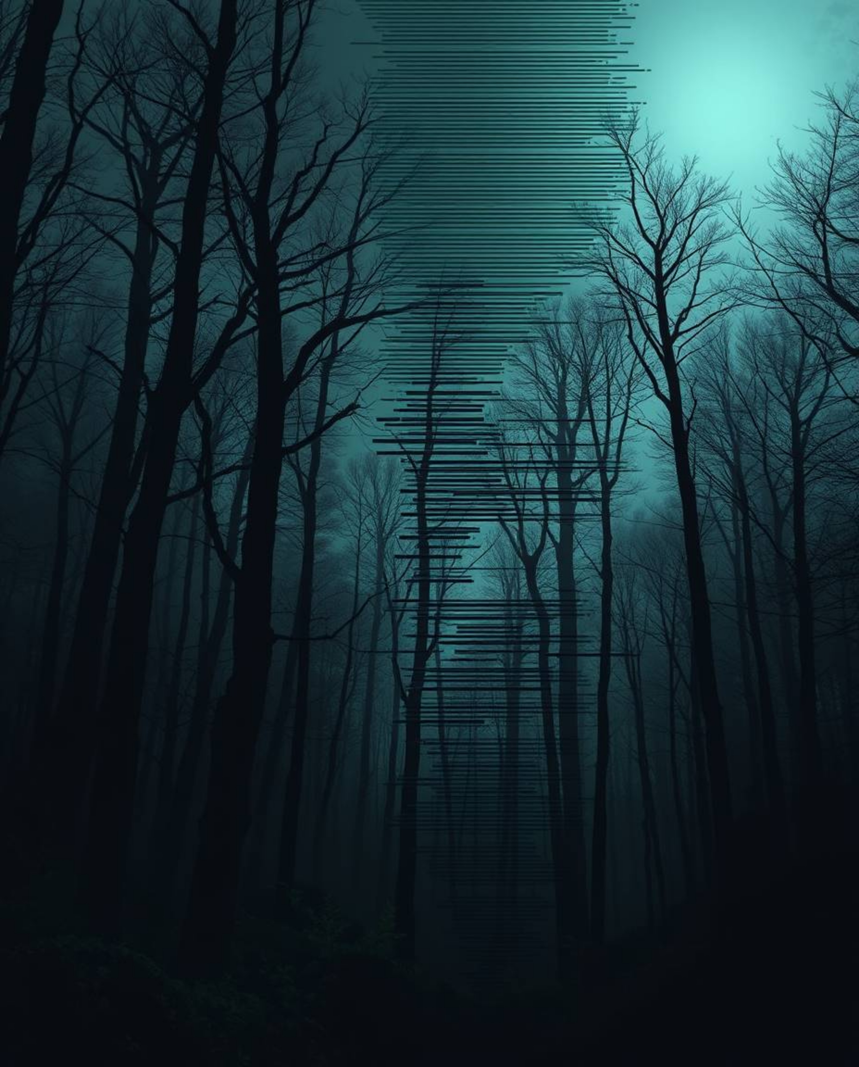 Explore a dark and eerie digital painting showcasing a digital glitch layered over a natural forest. This surreal contrast ut