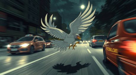 Experience a captivating scene of a swift bird elegantly navigating bustling traffic, rendered in a compelling Isekai anime a