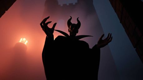 A captivating image depicting a classic Disney villain with shadowy features and pale skin, casting a spell within an old, fo