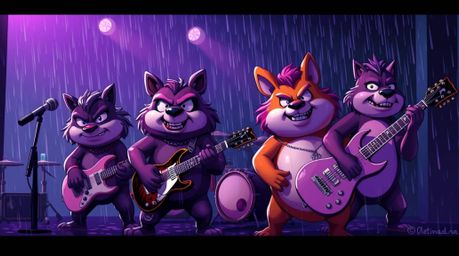 Immerse yourself in a vibrant and captivating scene where a band of cartoon animals unleashes their rock prowess amidst a wet
