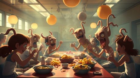 Experience a wild and bizarre food fight in a cartoon cafeteria, rendered in a soft, dreamy atmosphere with fantastical eleme