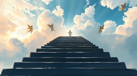 A low-angle digital sketch depicts steps of light ascending into a cloudy sky, with angelic figures silhouetted on the horizo