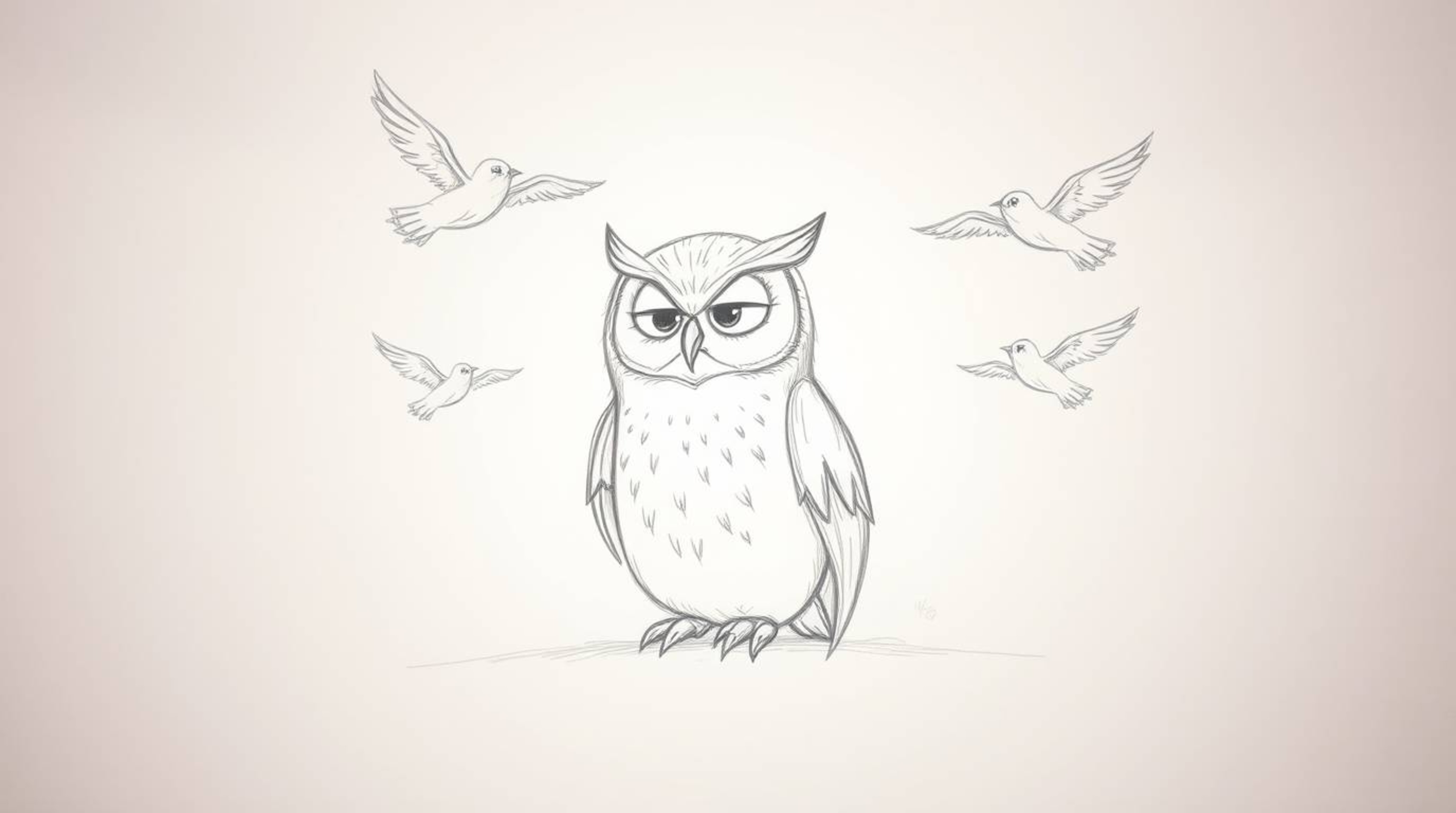 A heartwarming hand-drawn sketch in the style of Pixar depicts a blind owl with soft, expressive features patiently teaching 