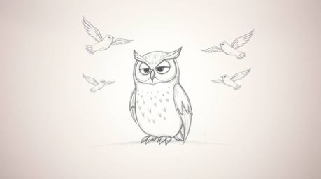 A heartwarming hand-drawn sketch in the style of Pixar depicts a blind owl with soft, expressive features patiently teaching 