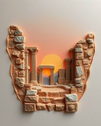 Experience ancient stone ruins at sunset, reimagined as a sculpted and textured artwork. Crafted from layered papier-mâché, t