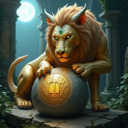 A majestic serpent-lion creature, with a golden lion's body and serpent's head, guards a gleaming ancient relic within misty,