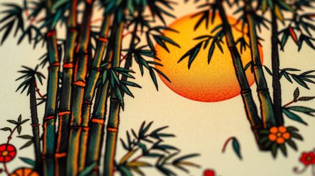 A stunning collection of extreme macro close-up images showcasing a traditional tattoo-style print of a bamboo forest bathed 